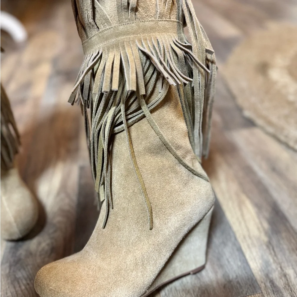 Encore Genuine Suede Fringe‎ Wedge Boots | Statement Boho Western | NWOB | 7